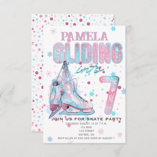 Figure Patinage 7e invitation de fête d'anniversai (Devant / Derrière)