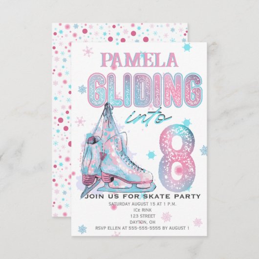 Figure Patinage 8e invitation de fête d'anniversai (Devant / Derrière)