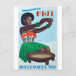 Fiji-eiland, inheemse vrouw met traditionele welko briefkaart