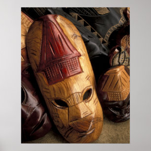 Fiji, Viti Levu Maskers op een markt in de stad. Poster