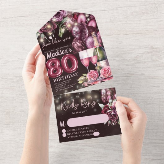 Fijn als wijn luxe 80e verjaardag RSVP All In One Uitnodiging (Afscheurbaar)