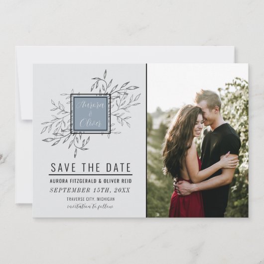 Fijn gebladerte | Dusty Blue | Bruiloft Save The Date (Voorkant)