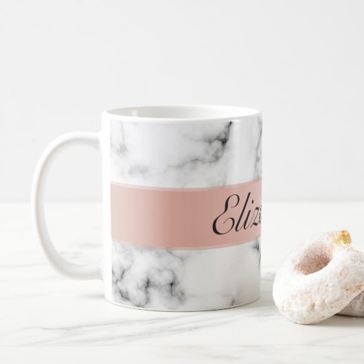 Fijn marmer met roos gouden strip monogram koffiemok (Met donut)