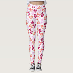 Fijn rood en roze bloemmotief op zacht wit leggings