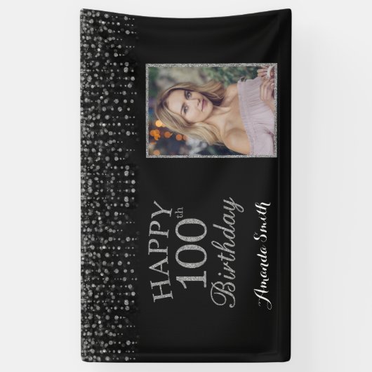 Fijne 100ste verjaardag banner. Silver Glitter-fot Spandoek (Verticaal)