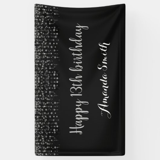 Fijne 13de verjaardag Banner. Black Silver Glitter Spandoek (Verticaal)