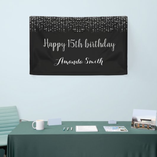 Fijne 15de verjaardag Banner. Black Silver Glitter Spandoek (Beurs)