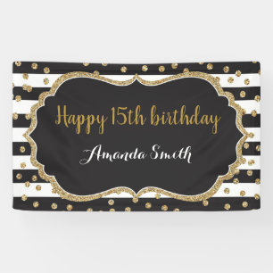 Fijne 15de verjaardag Banner. Gold Glitter Confett Spandoek
