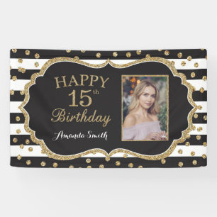 Fijne 15de verjaardag Banner. Gold Glitter-foto Spandoek