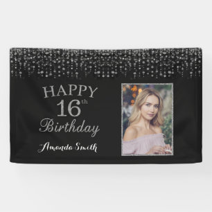 Fijne 16e verjaardag Banner. Silver Glitter Photo Spandoek