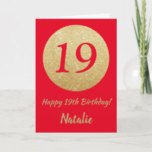 Fijne 19de verjaardag Rode en Gold Glitter Card Kaart