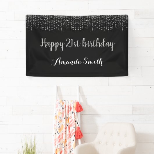 Fijne 21ste verjaardag banner. Black Silver Glitte Spandoek (Insitu)