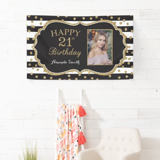 Fijne 21ste verjaardag banner. Gold Glitter-foto Spandoek (Insitu)