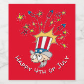 Fijne 4 juli Oom Sam Fireworks Cartoon Wine Wijn Etiket (Enkel label)