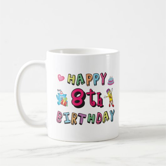 Fijne 8de verjaardag. 8 jaar per dag. koffiemok (Links)