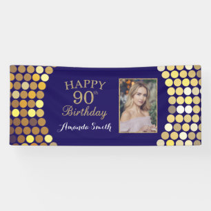 Fijne 90ste verjaardag Banner. Navy Blue Gold Phot Spandoek