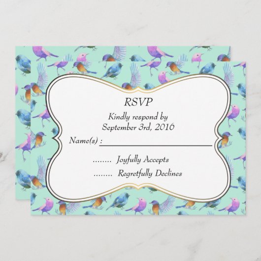 Fijne Aquarel Vogels met Lijst Bruiloft RSVP Kaart (Voorkant / Achterkant)