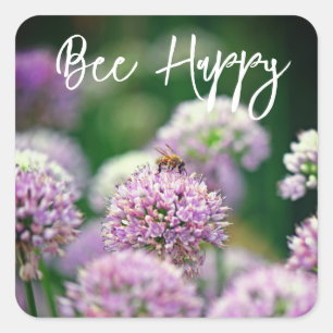 Fijne bij met Paarse Allium Flower Motivatie Vierkante Sticker
