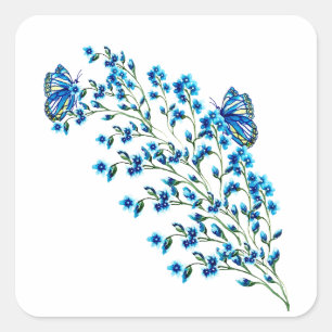 Fijne blauwe bloemen met vlinder vierkante sticker
