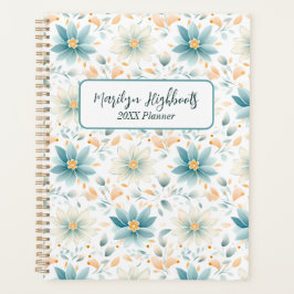 Fijne Blauwe en Witte Bloemen met Oranje Bladeren Planner