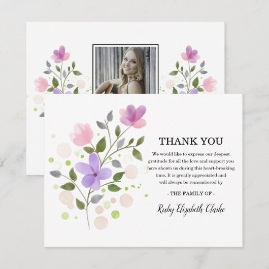 Fijne bloem foto begrafenis bedankkaart (Voorkant / Achterkant)