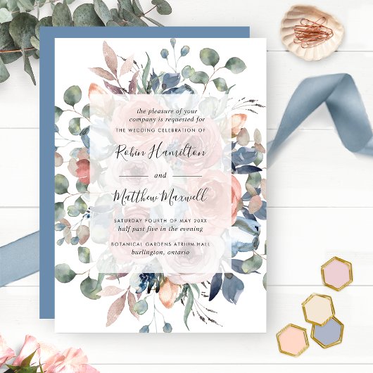 Fijne Bloemen met groen, Stoffig Blauw Bruiloft Kaart