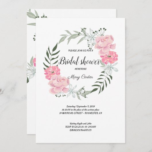 Fijne bloemenkrans, roze pioenrozen kaart (Voorkant / Achterkant)