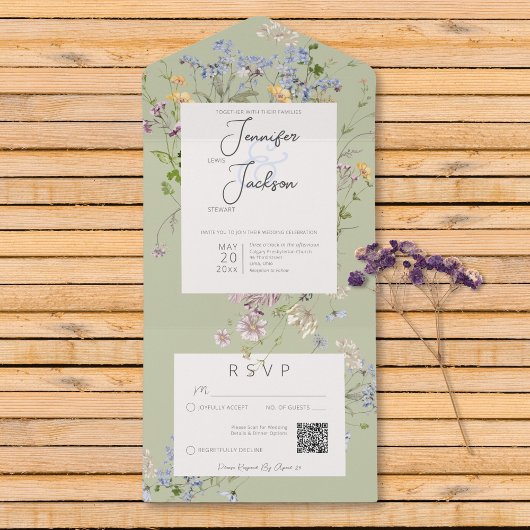 Fijne Boho Wildbloemen Sage Green QR-code All In One Uitnodiging