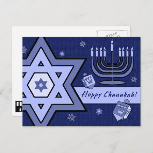 Fijne Chanoeka. Davidster, Menorah, Dreidels Briefkaart