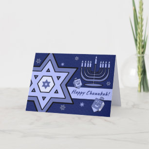 Fijne Chanoeka. Davidster, Menorah, Dreidels Feestdagen Kaart