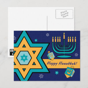 Fijne Chanoeka. Davidster, Menorah, Dreidels Feestdagenkaart