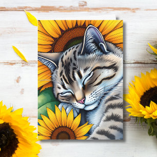 Fijne dag   Napping kat en zonnebloem Kaart