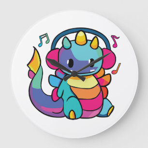 Fijne draak met hoofdtelefoons die naar muziek lui grote klok