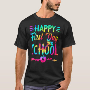 Fijne eerste dag van de schooltijd, kleurstof en t t-shirt