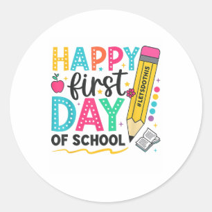 Fijne eerste dag van schoolpotlood Leraar Kinderen Ronde Sticker