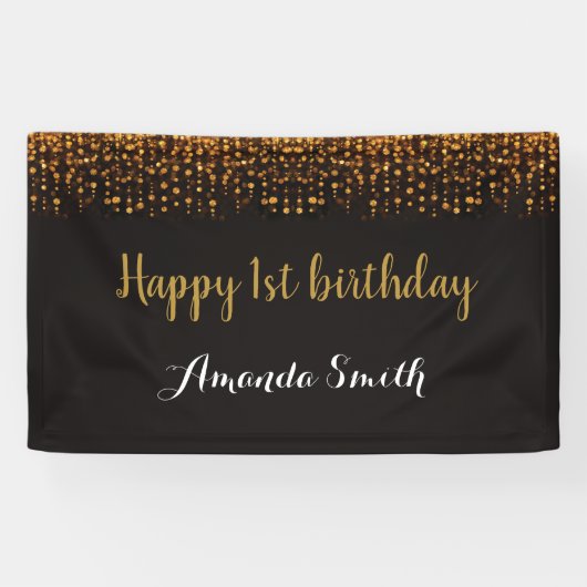Fijne eerste verjaardag banner. Zwart en goudglitt Spandoek (Horizontaal)