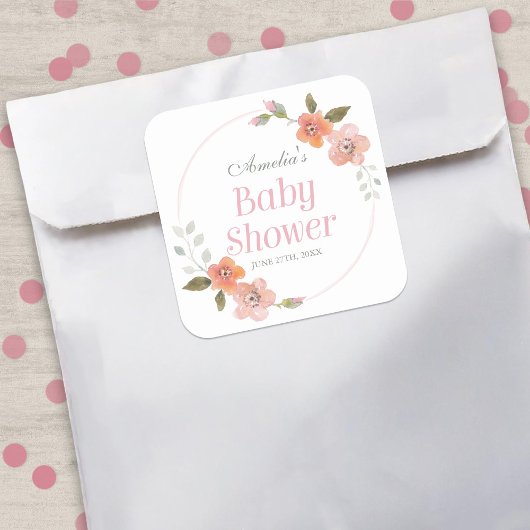 Fijne Floral Roze Baby shower Square Sticker