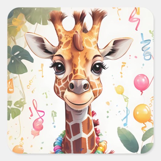 Fijne Giraffe met Cadeaus & Cake | Vierkante Sticker (Voorkant)