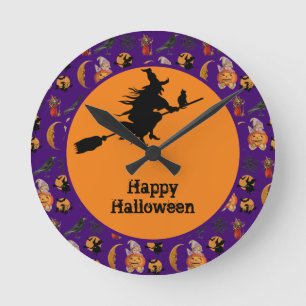 Fijne Halloween Heks op een Bezem Huisdecoratie Ronde Klok