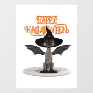 Fijne Halloween. Kat met vleugels en heks pet Raamsticker
