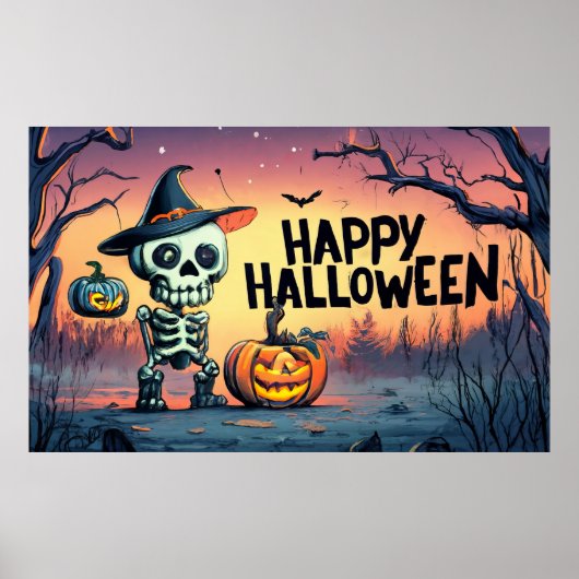 Fijne Halloween! Schattige skelet Poster (Voorkant)