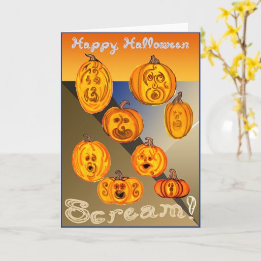 Fijne Halloween schreeuw! Pompoenen schreeuwen Kaart (Gele Bloem)