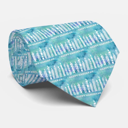 Fijne Hanukka Menora Aquarel Blauw Turquoise Stropdas (Opgerold)
