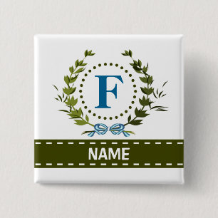 Fijne Ivy Wreath en Bow Name met Monogram F Vierkante Button 5,1 Cm