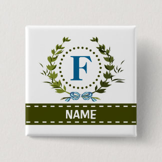 Fijne Ivy Wreath en Bow Name met Monogram F Vierkante Button 5,1 Cm