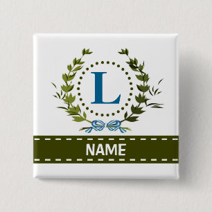 Fijne Ivy Wreath en Bow Name met Monogram L Vierkante Button 5,1 Cm