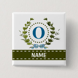 Fijne Ivy Wreath en Bow Name met Monogram O Vierkante Button 5,1 Cm