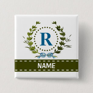 Fijne Ivy Wreath en Bow Name met Monogram R Vierkante Button 5,1 Cm