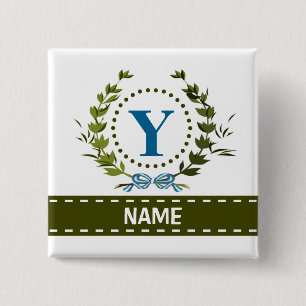 Fijne Ivy Wreath en Bow Name met Monogram Y Vierkante Button 5,1 Cm