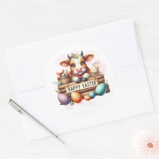 Fijne Koe en eitjes Ronde Sticker (Envelop)